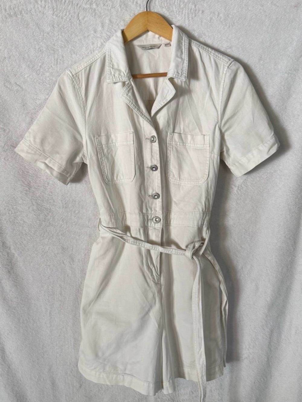 French Connection White Short-Sleeve Utility Romper with Tie Waist